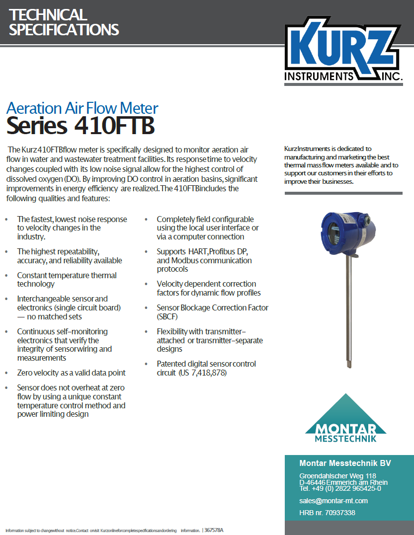 Kurz Insertion flow meter 410FTB - aeration air flow meter